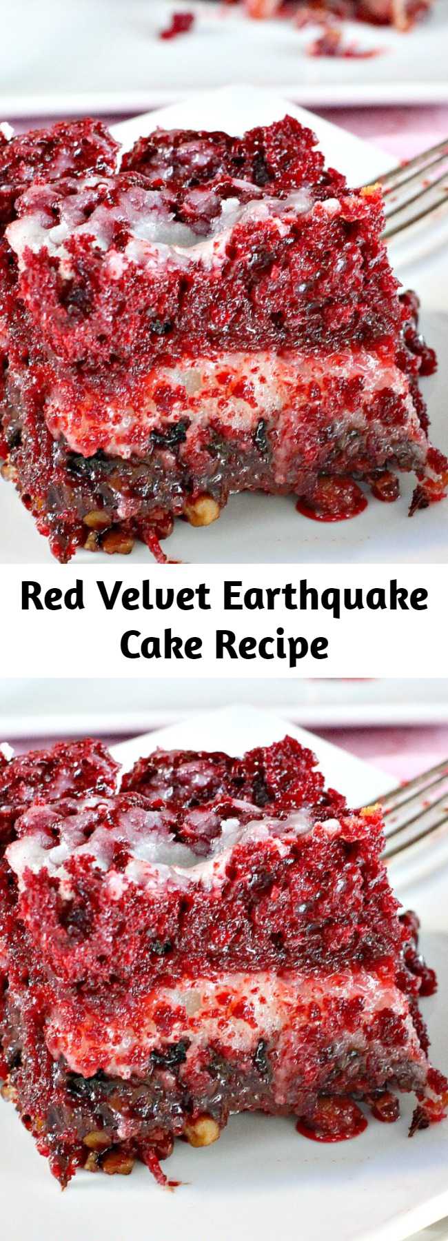 This delectable cake recipe calls for a Red Velvet cake batter and a cheesecake layer over top of pecans, coconut and chocolate chips. While baking the cake undergoes a seismic shift which explains its name. Fabulous for Christmas and Valentine's Day or other holiday baking. It is phenomenal! #dessert #redvelvet #cake #holidays #Christmas #ValentinesDay #chocolate #cheesecake