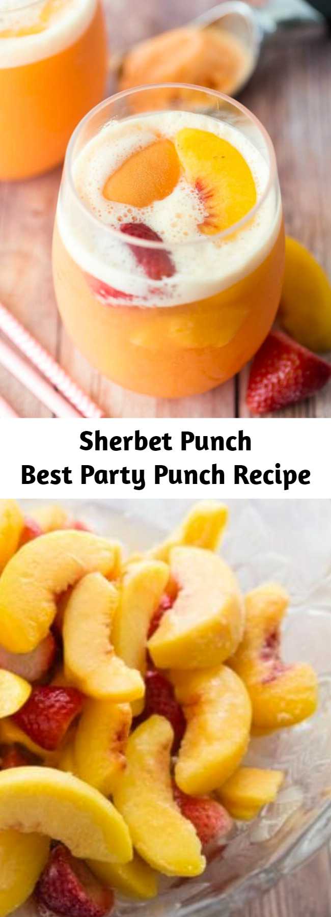 Sherbet punch made with ginger ale, white grape juice, peaches, and strawberries is the best punch recipe ever! Perfect party punch for your next baby shower, wedding shower, summer party, or random Tuesday afternoon!