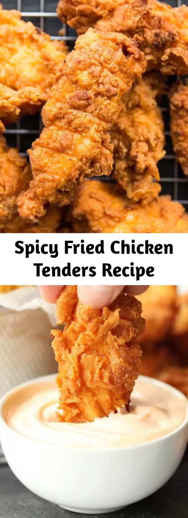 Spicy Fried Chicken Tenders Recipe - These Spicy Chicken Tenders are ridiculously delicious! Chicken strips marinated in buttermilk and hot sauce, then deep fried for extra crispiness. Need I say more?! #chicken #chickentenders #chickenstrips #spicychicken #friedchicken