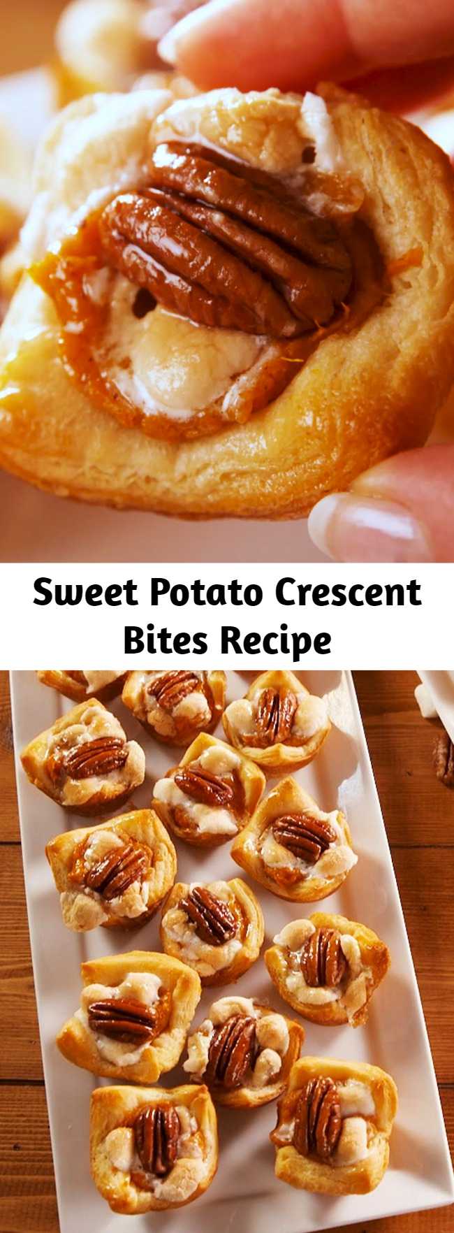 Sweet Potato Crescent Bites Recipe - A guarantee: You will NOT be able to stop eating these little guys. They're the perfect amount of sweet and savory, so you can serve them before or after the big meal! #easy #recipe #thanksgiving #holiday #app #appetizer #fingerfoods #Pecan #crescentrolls #sweetpotato #potato #marshmallows #minimarshmallows #quick