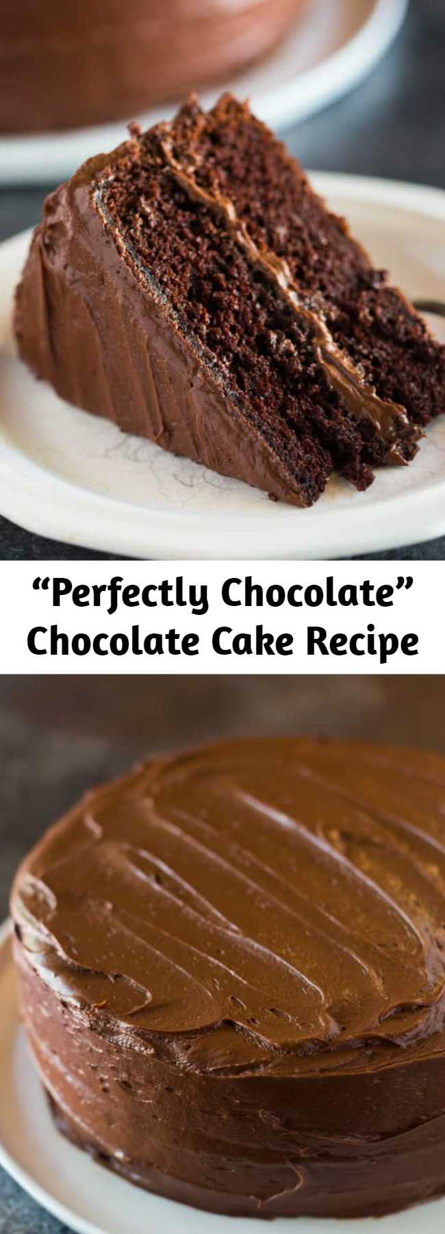 “Perfectly Chocolate” Chocolate Cake with 5 ingredient chocolate frosting is our favorite homemade chocolate cake recipe! Extra moist, with a perfect rich chocolate flavor and tender, smooth crumb.