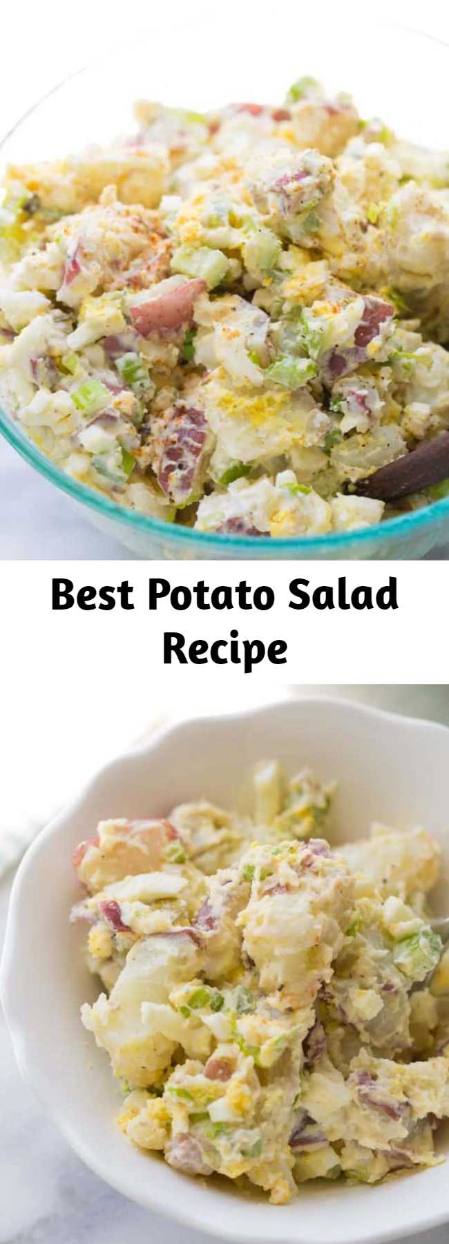 Best Potato Salad Recipe - The BEST ever potato salad! Everyone always asks for this recipe. Such a crowd-pleaser! The trick that makes this potato salad extra delicious is mixing the warm potatoes with a vinegar/salt/sugar mixture. This helps the flavor to go inside the potatoes, making this potato salad extra flavorful! #potatosalad #bbqsides #glutenfree #potatosaladrecipe #bestpotatosalad