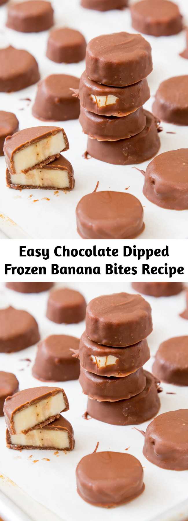 Easy Chocolate Dipped Frozen Banana Bites Recipe - These Chocolate Dipped Frozen Banana Bites are perfect little snacks with just 3 ingredients! So easy and tasty!