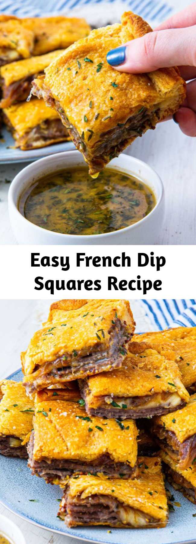 Easy French Dip Squares Recipe - Turns out you don't need fancy ingredients to make the best party appetizer ever. These easy french dip squares are loaded with complex flavors (thanks caramelized onions!) AND there's enough to feed a hungry crowd. #easy #recipe #frenchdip #bites #appetizer #entertaining #sandwich #party #oven #roastbeef #caramelizedonions