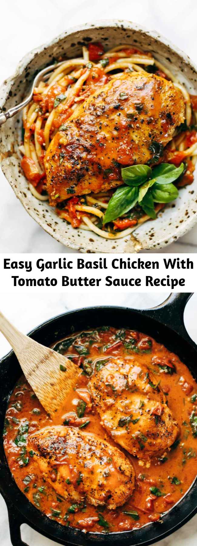 Easy Garlic Basil Chicken With Tomato Butter Sauce Recipe - You won’t believe that this easy real food recipe only requires 7 ingredients like basil, garlic, olive oil, tomatoes, and butter.