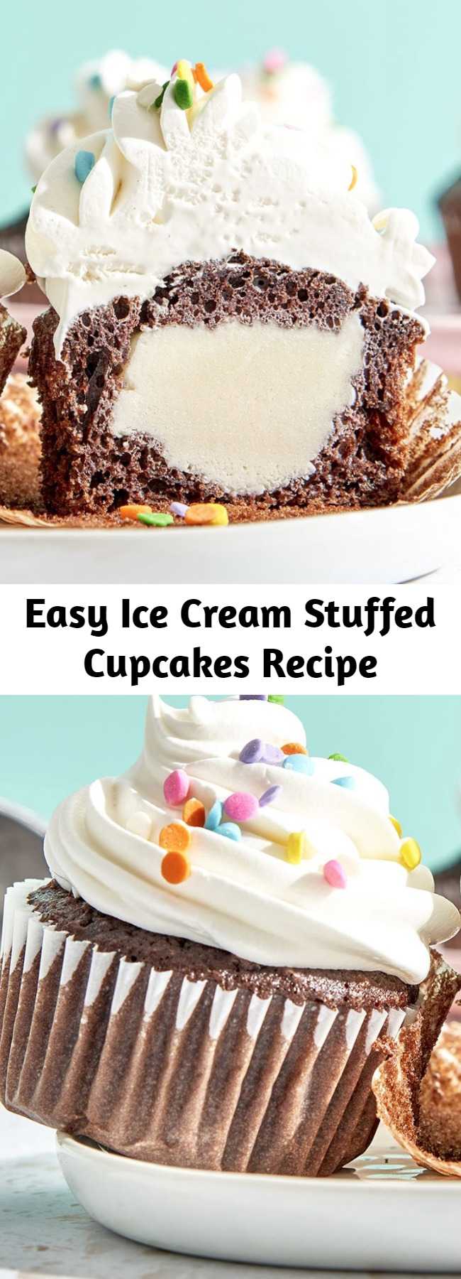 Easy Ice Cream Stuffed Cupcakes Recipe - These Ice Cream Stuffed Cupcakes are made with moist chocolate cupcakes stuffed with ice cream and topped with whipped cream, chocolate and sprinkles! Such a great summer treat with so many flavor possibilities! #icecream #summer #dessert #summerdessert