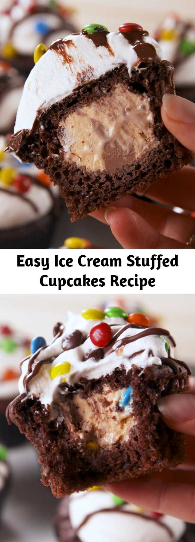 Easy Ice Cream Stuffed Cupcakes Recipe - These Ice Cream Stuffed Cupcakes are made with moist chocolate cupcakes stuffed with ice cream and topped with whipped cream, chocolate and sprinkles! Such a great summer treat with so many flavor possibilities! #icecream #summer #dessert #summerdessert