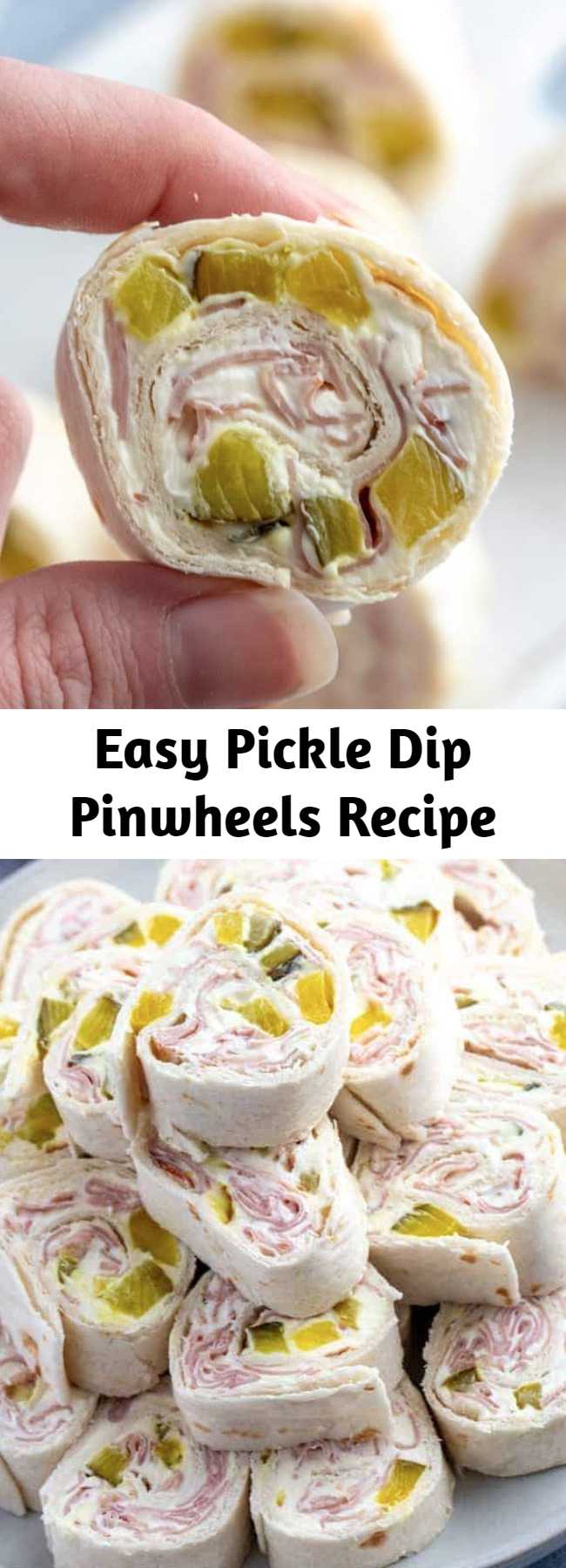 Easy Pickle Dip Pinwheels Recipe - Creamy, crunchy and full of flavor these Pickle Dip Pinwheels are full of cream cheese, sliced ham and diced pickles. The perfect party appetizer. #appetizer #pickles #pinwheels #partyfood #easyrecipe