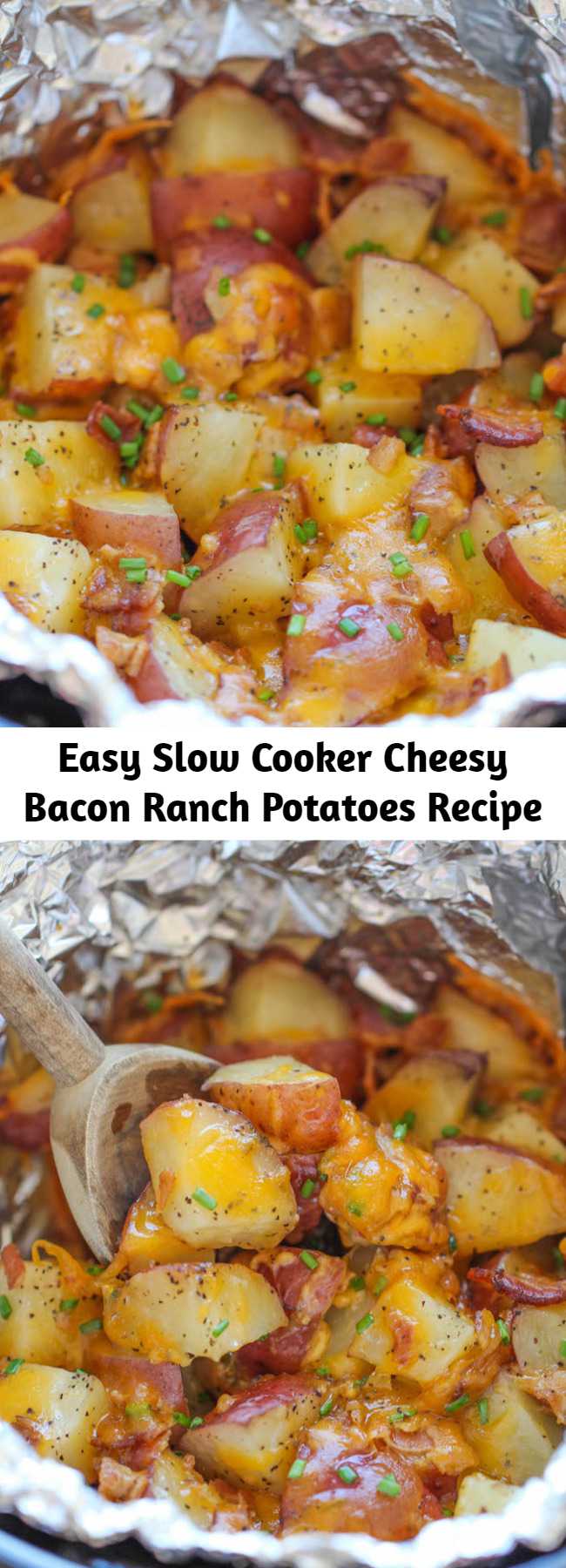 Easy Slow Cooker Cheesy Bacon Ranch Potatoes Recipe - The easiest potatoes you can make right in the crockpot – perfectly tender, flavorful and cheesy!