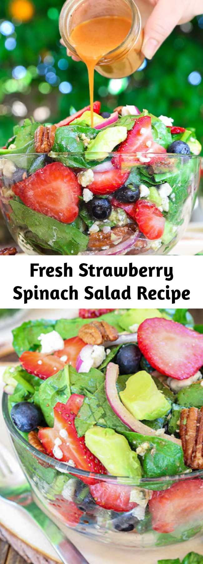 Fresh Strawberry Spinach Salad Recipe - Best Ever Strawberry Spinach Salad will rock your world! This simple recipe is a celebration of summers bounty in the most spectacular salad you will ever eat. Fresh crisp spinach salad is taken to another level with bursts of sweetness from fresh summer fruit and buttery avocado. It is tossed in a sweet and tangy vinaigrette and topped with crunchy nuts and creamy cheese. #salad #strawberry