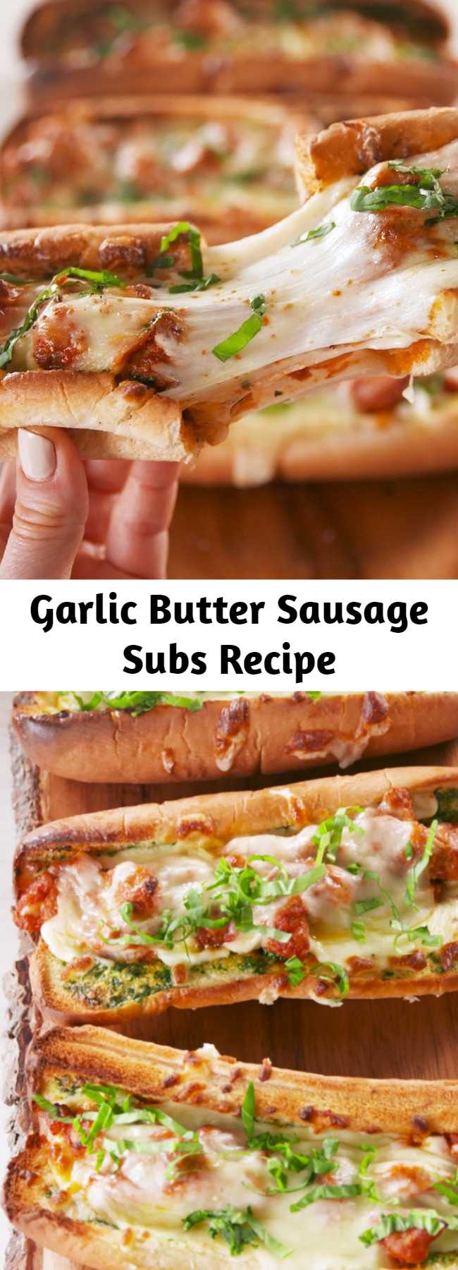 Garlic Butter Sausage Subs Recipe - Crunchy on the outside, soft on the inside. #easyrecipe #sausage #subs #sandwich #garlic