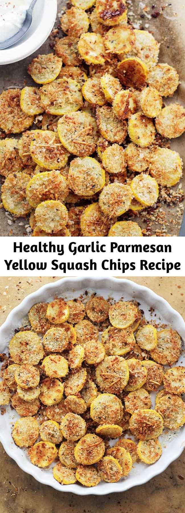 Healthy Garlic Parmesan Yellow Squash Chips Recipe - A healthy snack or appetizer that is incredibly flavorful, crispy, and absolutely delicious! These are BEYOND amazing!