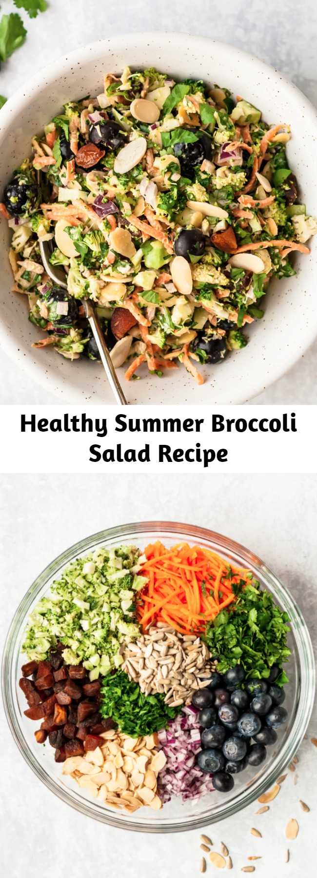 Healthy Summer Broccoli Salad Recipe - Delicious, healthy broccoli salad recipe made with simple ingredients like fresh blueberries, carrots, sweet dried apricots, almonds and sunflower seeds.This easy, vegetarian broccoli salad is tossed in a light tahini dressing and is perfect for summer parties or meal prep! #mealprep #broccoli #broccolisalad #saladrecipe #vegetarian #vegan #veganrecipe #healthysalad #summer