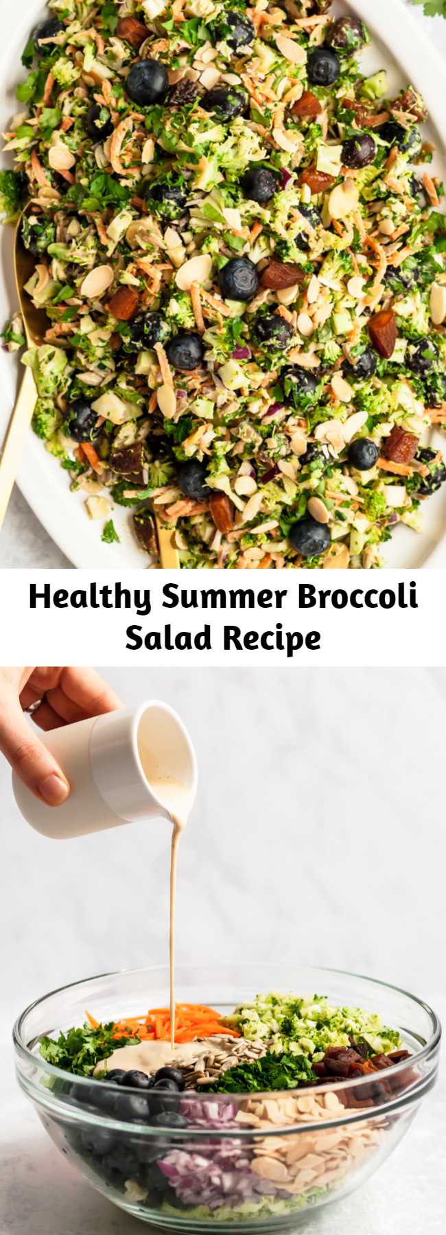 Healthy Summer Broccoli Salad Recipe - Delicious, healthy broccoli salad recipe made with simple ingredients like fresh blueberries, carrots, sweet dried apricots, almonds and sunflower seeds.This easy, vegetarian broccoli salad is tossed in a light tahini dressing and is perfect for summer parties or meal prep! #mealprep #broccoli #broccolisalad #saladrecipe #vegetarian #vegan #veganrecipe #healthysalad #summer