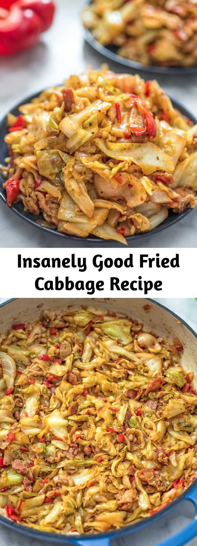 Insanely Good Fried Cabbage Recipe - This Fried Cabbage recipe is insanely good! Made with bacon, onion, bell pepper, and a touch of hot sauce, it is easy to make, simple, and comes out perfect every time! #cabbage #dinner #thanksgiving #winter #bacon