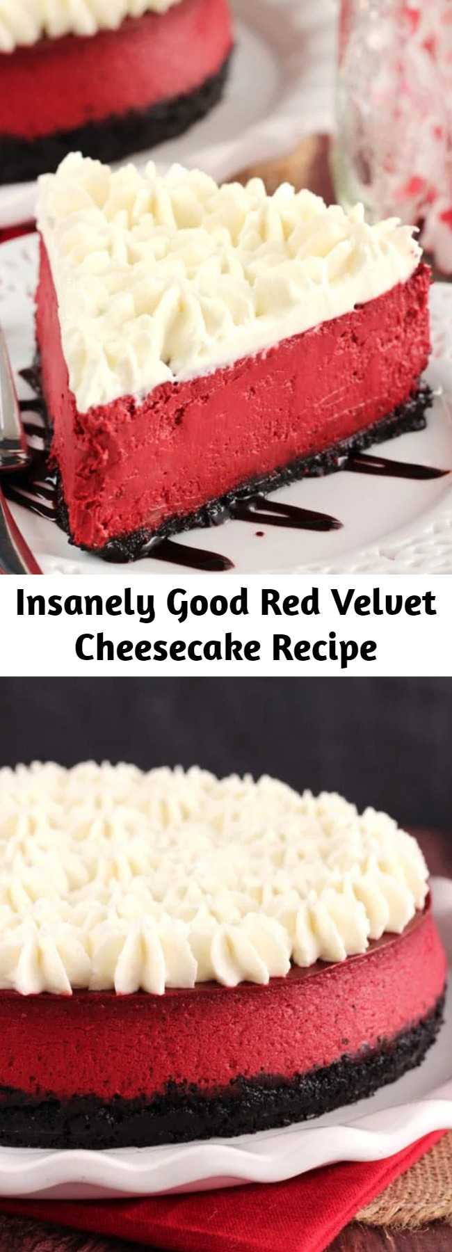 Insanely Good Red Velvet Cheesecake Recipe - This Red Velvet Cheesecake is one of the smoothest and creamiest cheesecakes I’ve ever made. It’s insanely good and has that light tanginess that’s so loved in a red velvet dessert. The cream cheese whipped cream topping finishes it off perfectly!