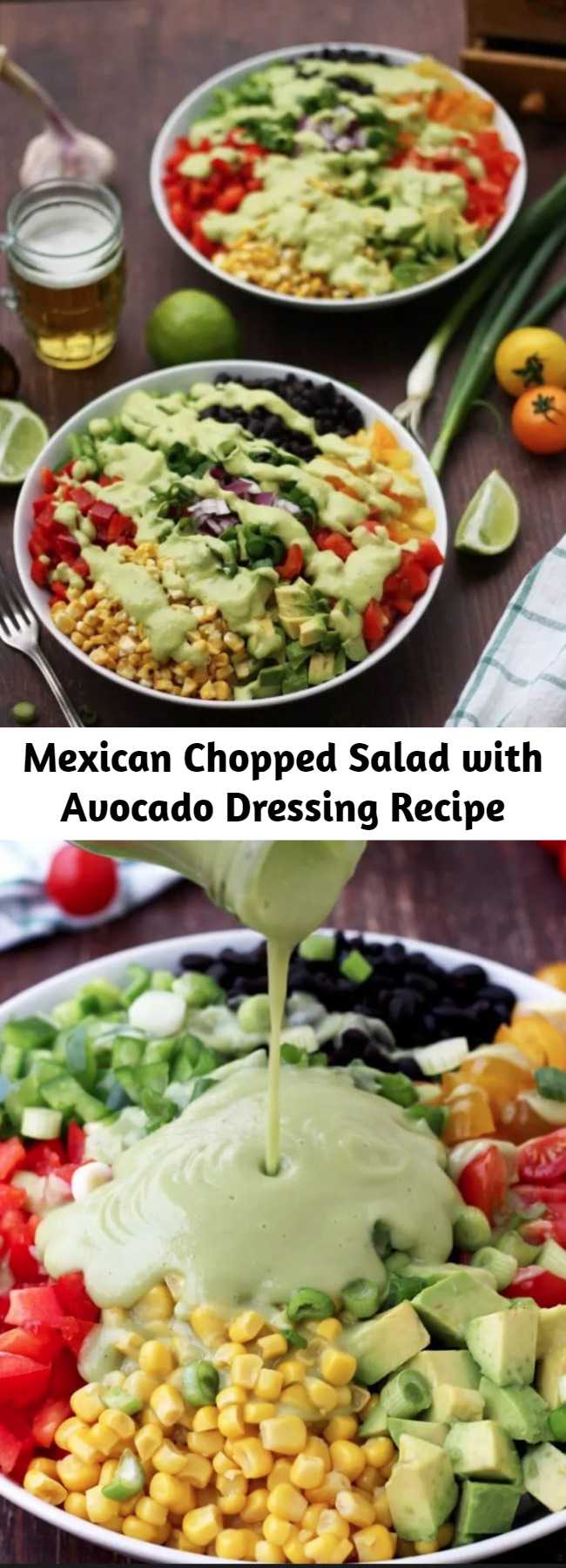 Mexican Chopped Salad with Avocado Dressing Recipe - Delicious vegan Mexican chopped salad with avocado dressing makes the perfect lunch salad or an easy side dish to any Mexican feast. This gluten free salad is packed with fresh veggies, dietary fiber and plant based protein.