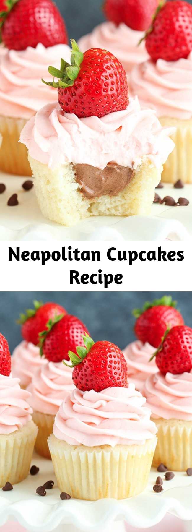 Neapolitan Cupcakes Recipe - Neapolitan Cupcakes made with a vanilla cupcake, chocolate mousse filling and strawberry frosting! The flavors are so perfectly balanced – I love them!