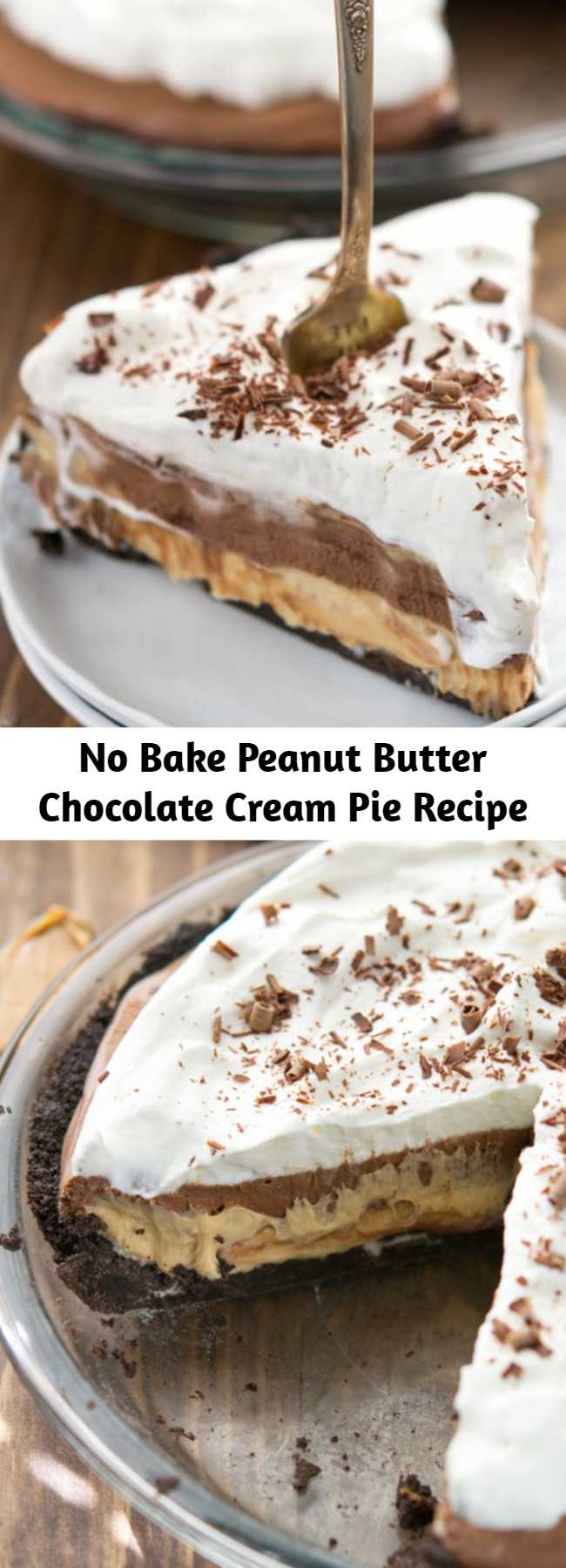 No Bake Peanut Butter Chocolate Cream Pie Recipe - Layers of Oreo crust, peanut butter, and chocolate cream pair perfectly for the best pie I've ever eaten! The best part is it's totally no bake and egg-free! I just can’t even express how good it was. Words like decadent, amazing, creamy, and delicious just don’t seem to suffice. Because it was better than all of those words.