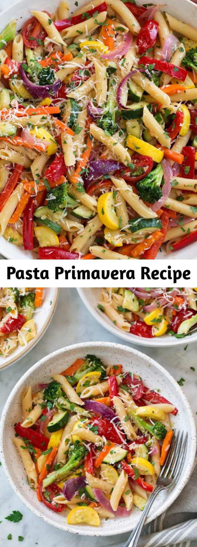 Pasta Primavera Recipe - This hearty, veggie packed pasta dish isn’t just for spring and summer, this is a packed pasta dish that’s perfect year round! It has such a satisfying flavor and it’s versatile recipe so you can add different kinds of vegetables you might already have on hand. #pasta #primavera #dinner #recipe