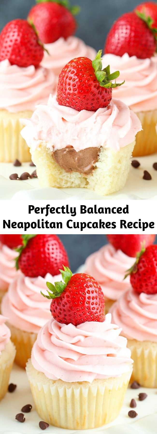Perfectly Balanced Neapolitan Cupcakes Recipe - Neapolitan Cupcakes made with a vanilla cupcake, chocolate mousse filling and strawberry frosting! The flavors are so perfectly balanced – I love them!