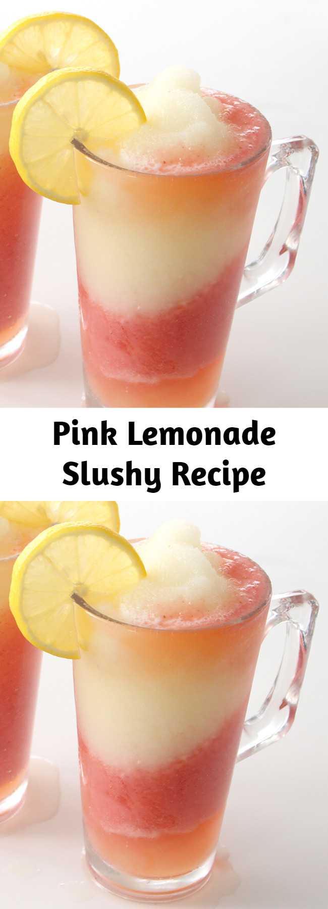 Pink Lemonade Slushy Recipe - A sweet frozen strawberry lemonade slushie to keep you cooled off on those hot days, or enjoy any time of the year.