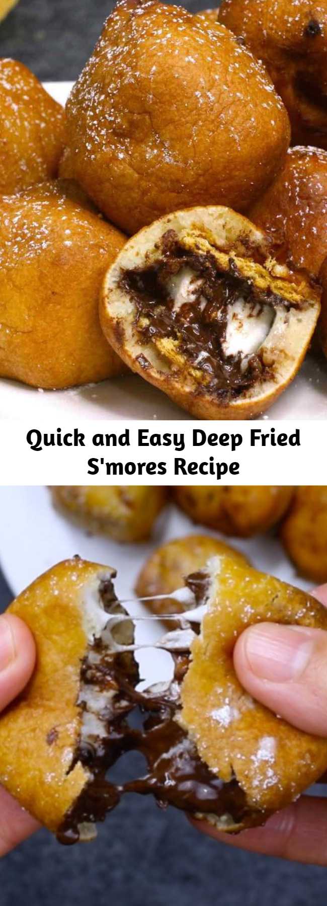 Quick and Easy Deep Fried S'mores Recipe – OMG seriously one of the most delicious dessert! Smores dipped in homemade batter, and fried to a fluffy, golden crispy ball with a warm and melty chocolate chips and marshmallow inside. Quick and easy recipe. Perfect for party desserts. No bake, vegetarian.