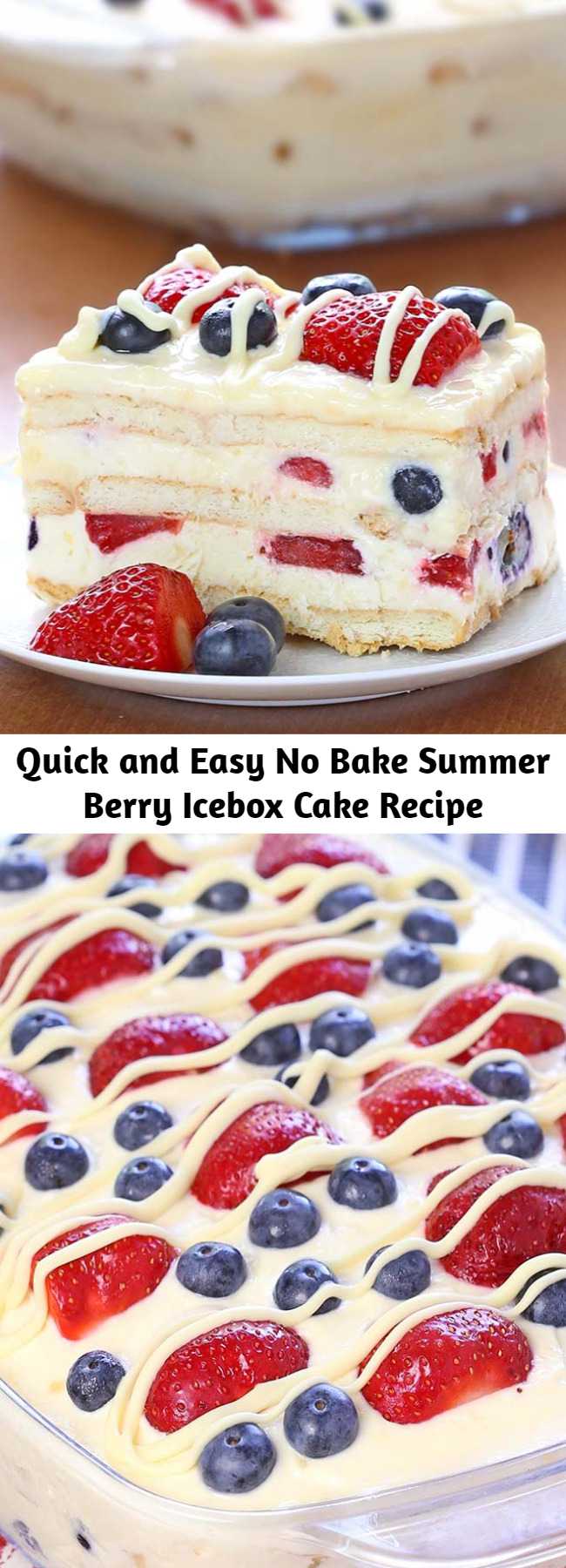 Quick and Easy No Bake Summer Berry Icebox Cake Recipe - Looking for a quick and easy Summer dessert recipe? Try out delicious No Bake Summer Berry Icebox Cake! There’s very little preparation involved in this recipe, which makes it great for hot summer days or for crazy busy days. You can throw it together whenever you have time (even the day before is fine) and it will be ready and waiting for you in the refrigerator when you want a sweet treat!