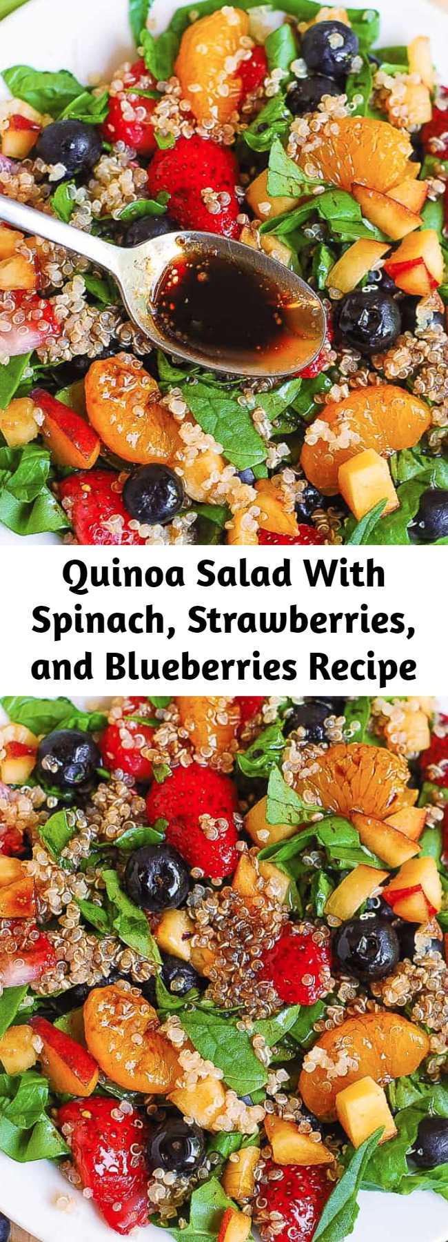 Quinoa Salad With Spinach, Strawberries, and Blueberries Recipe - Delicious Summer salad: Quinoa salad with spinach, strawberries, blueberries, peaches, mandarin oranges in a homemade Balsamic vinaigrette dressing. The dressing is made from scratch, using olive oil, balsamic vinegar, brown sugar, mustard powder, onion and garlic powders. This healthy quinoa salad is gluten free, dairy free, vegan, nut free, packed with fiber and nutrients.