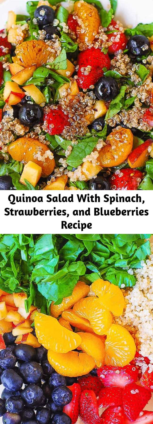 Quinoa Salad With Spinach, Strawberries, and Blueberries Recipe - Delicious Summer salad: Quinoa salad with spinach, strawberries, blueberries, peaches, mandarin oranges in a homemade Balsamic vinaigrette dressing. The dressing is made from scratch, using olive oil, balsamic vinegar, brown sugar, mustard powder, onion and garlic powders. This healthy quinoa salad is gluten free, dairy free, vegan, nut free, packed with fiber and nutrients.