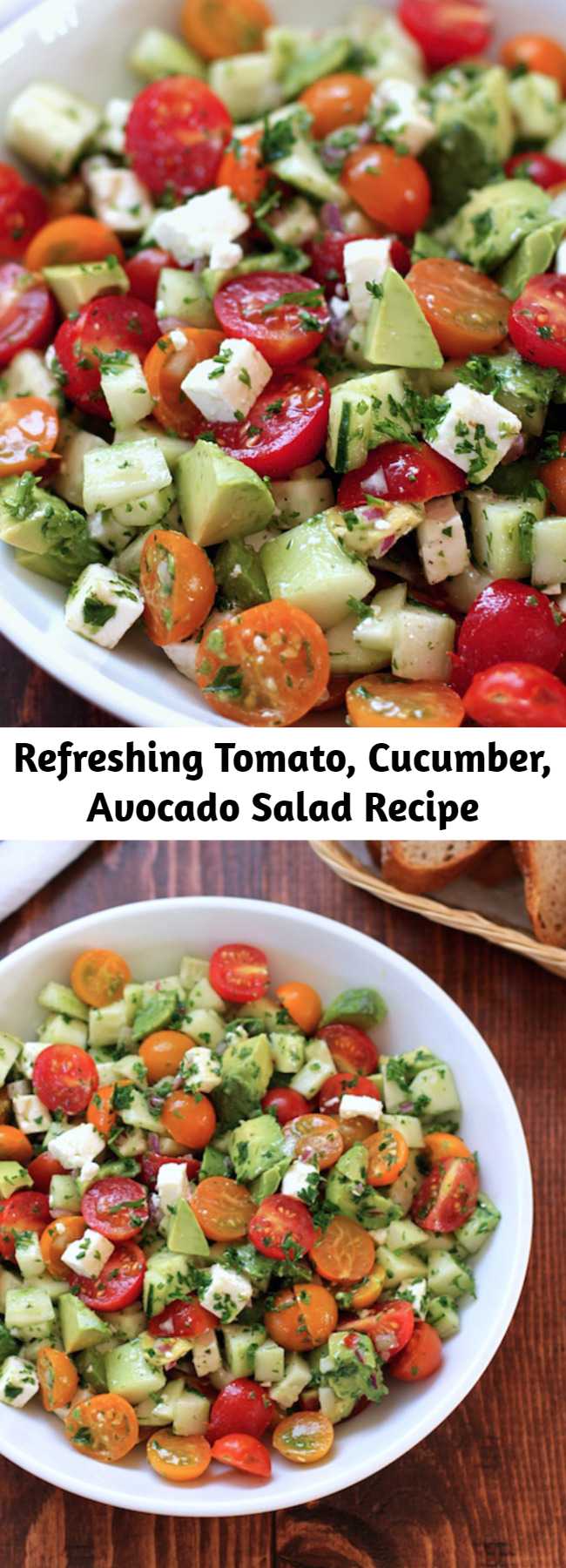 Refreshing Tomato, Cucumber, Avocado Salad Recipe - This tomato, cucumber, avocado salad is an easy, flavorful summer salad.  It’s crunchy, fresh and simple to make.  It’s a family favorite and ready in less than 15 minutes.