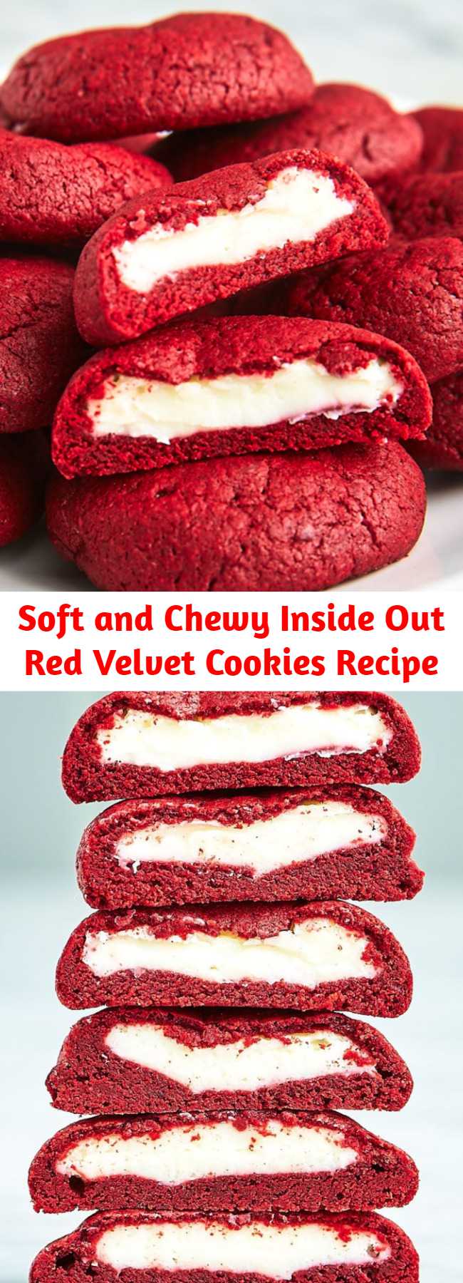 Soft and Chewy Inside Out Red Velvet Cookies Recipe - Get your Red Velvet Cake (frosting and all) in cookie form!  These irresistibly soft and chewy red velvet cookies stuffed with real deal cream cheese frosting, are pretty amazing!