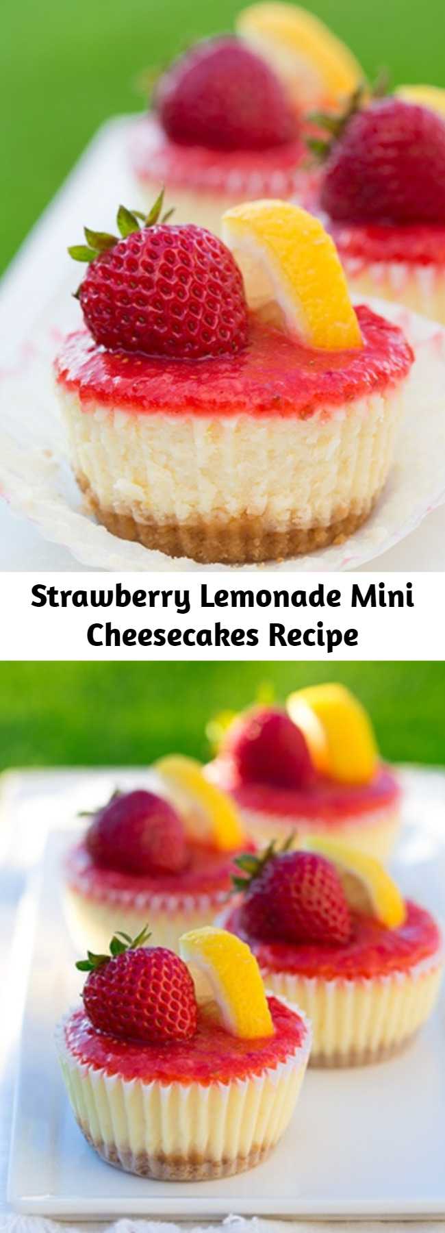 Strawberry Lemonade Mini Cheesecakes Recipe - Individual cheesecakes with the same irresistible refreshing flavor as a glass of strawberry lemonade. 
