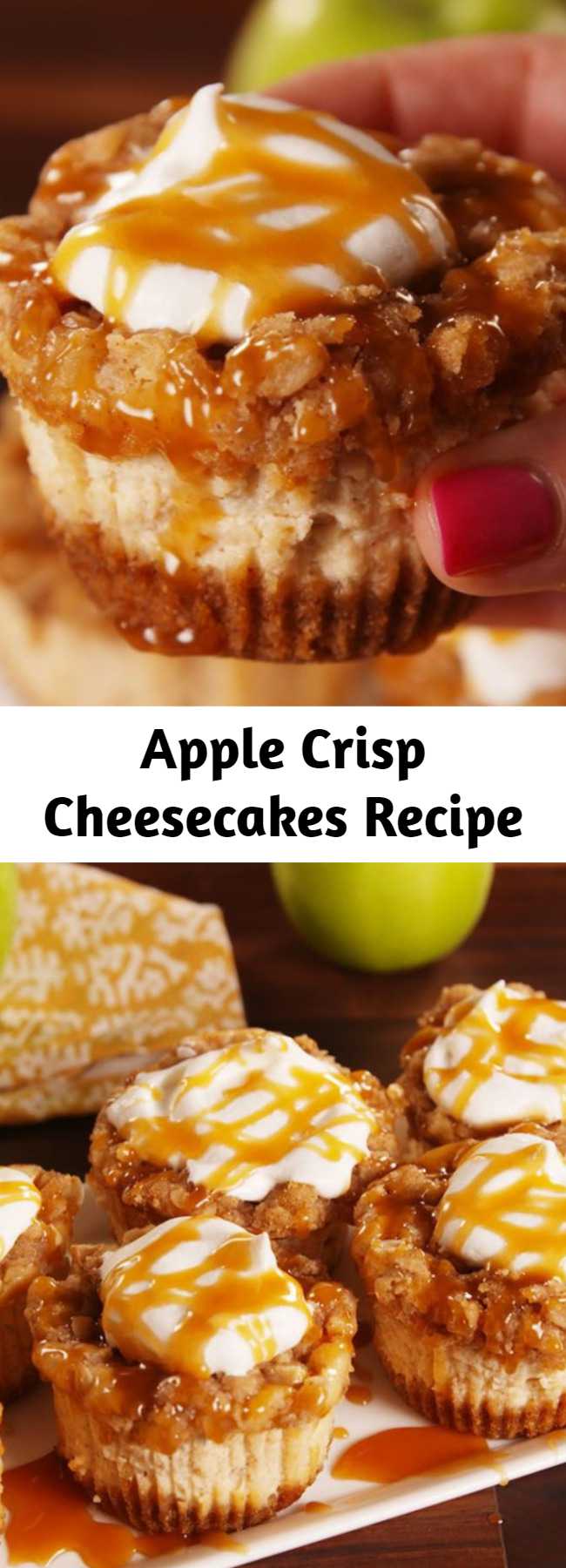 Apple Crisp Cheesecakes Recipe - To have cheesecake faster try these Mini Apple Cheesecakes. You won't be able to eat just one.