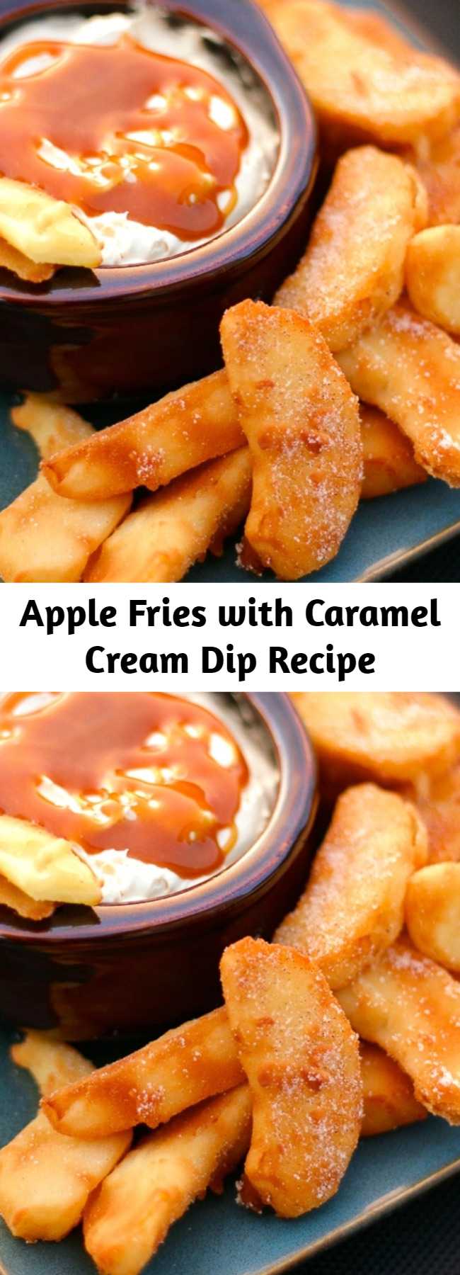 Apple Fries with Caramel Cream Dip Recipe - These Apple Fries with Caramel Cream Dip are the perfect warm dessert for a crisp fall evening. It made our house smell like apple pie. Crisp apple wedges are lightly battered and fried in a pan, then sprinkled with a cinnamon-sugar mix. What really sets these fried apples apart is the dipping sauce. You’ll love this creamy, caramel-infused dip.