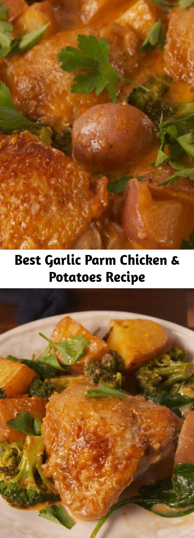 Best Garlic Parm Chicken & Potatoes Recipe - A creamy one pot dish that we are absolutely here for. #food #easyrecipe #easyrecipe #familydinner #chicken