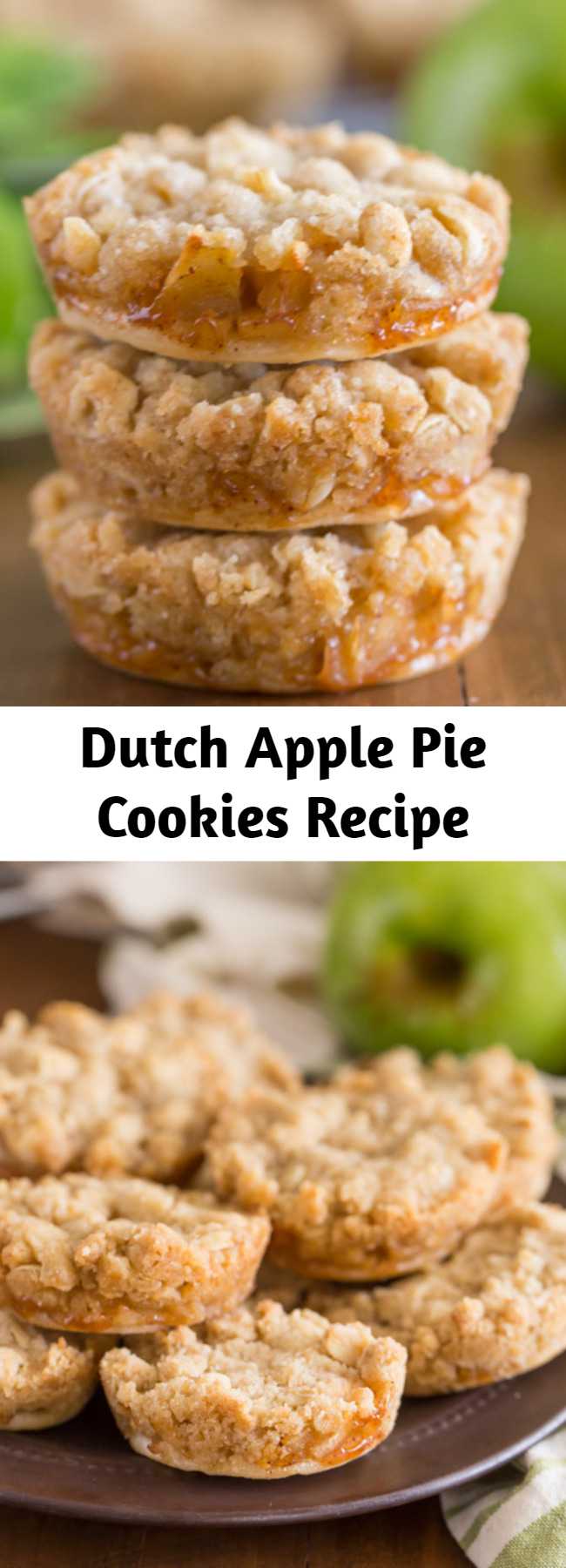 Dutch Apple Pie Cookies Recipe - These are the perfect little three bite apple pie -slash- cookie.  They have a circle of pie crust on the bottom, then a layer of finely diced cinnamon apple filling, with the most delicious, sweet, buttery crumb topping.