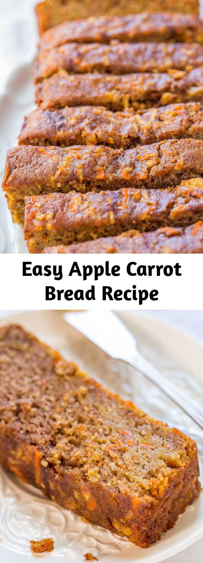 Easy Apple Carrot Bread Recipe - This apple carrot bread tastes like carrot cake that’s been infused with apples. It’s a no mixer recipe that goes from bowl to oven in minutes!