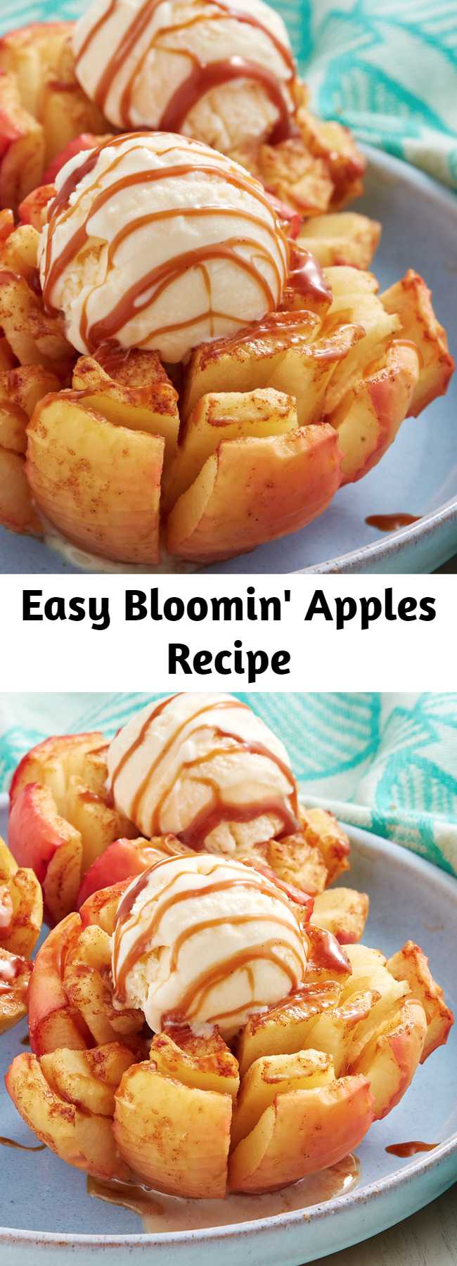 Easy Bloomin' Apples Recipe - We took inspo from the ever popular bloomin' onion and made a just as fun dessert. Though these finished bloomin' apples look insane, they're actually quite easy to make. Because apples can turn brown really quickly, you'll want to brush them with butter and get them in the oven pretty quickly after slicing them. If you want to take your time, squeeze lemon juice all over the cut side to prevent browning. These are also so fun to make in the air fryer!