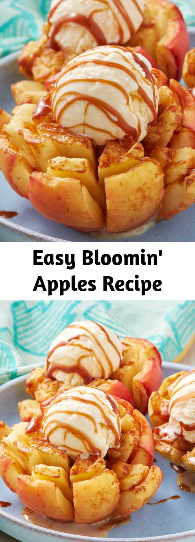 Easy Bloomin' Apples Recipe - We took inspo from the ever popular bloomin' onion and made a just as fun dessert. Though these finished bloomin' apples look insane, they're actually quite easy to make. Because apples can turn brown really quickly, you'll want to brush them with butter and get them in the oven pretty quickly after slicing them. If you want to take your time, squeeze lemon juice all over the cut side to prevent browning. These are also so fun to make in the air fryer! 