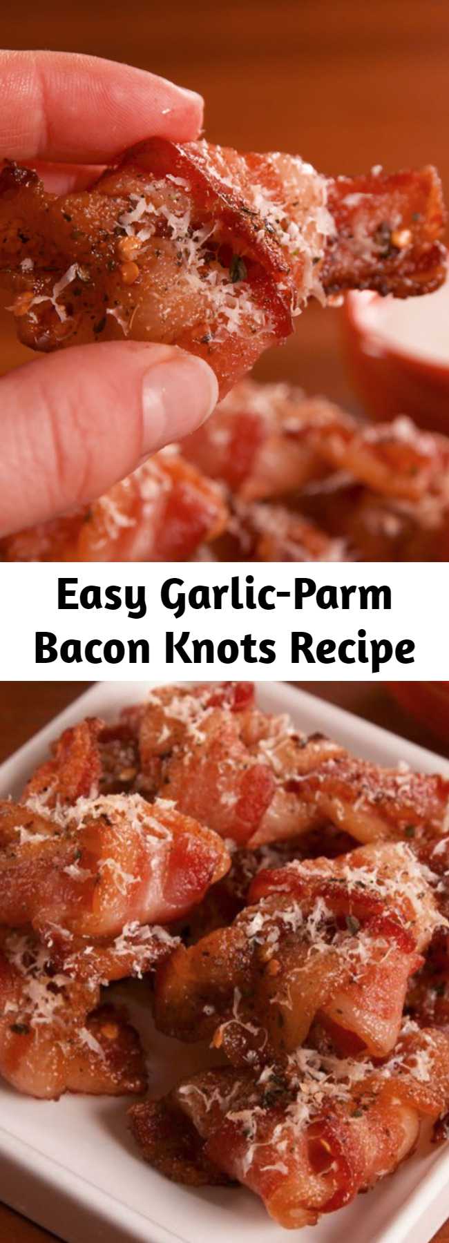 Easy Garlic-Parm Bacon Knots Recipe - If you love garlic knots but HATE carbs, you need Garlic Parm Bacon Knots in your life STAT. You're KNOT going to believe these. #garlic #parm #parmesan #bacon #baconknots #lowcarb #lowcarbsnacks