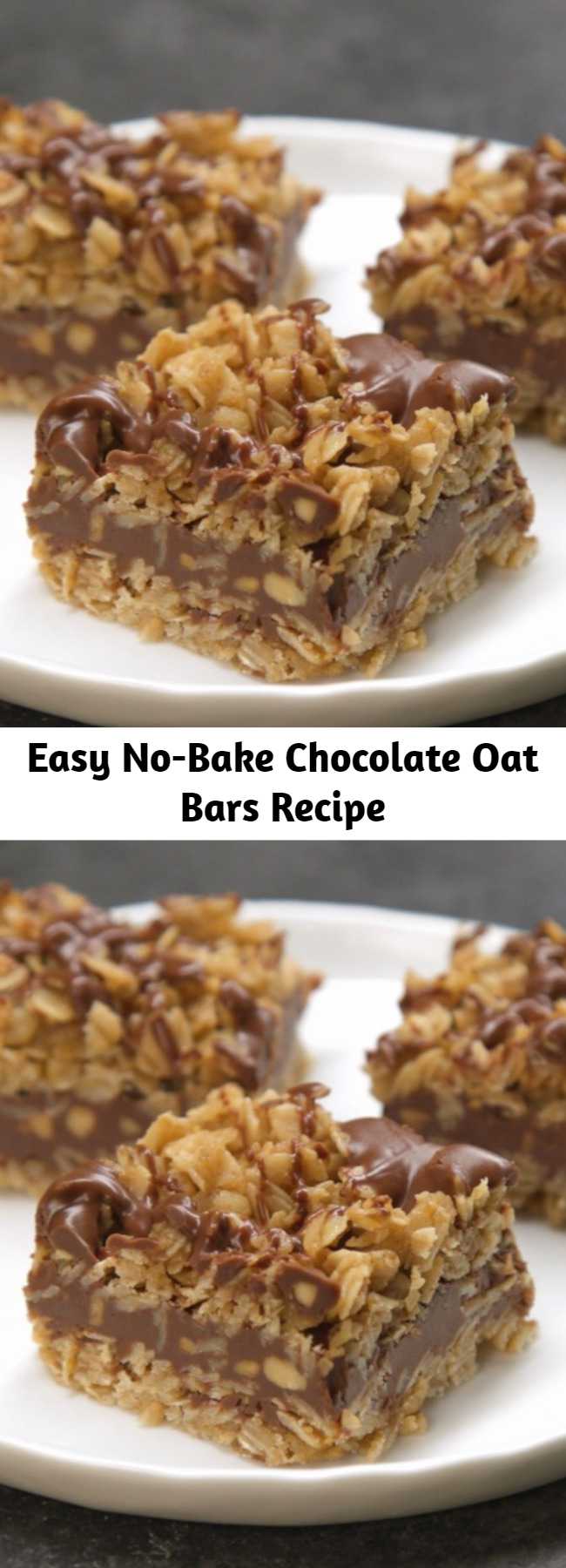 Easy No-Bake Chocolate Oat Bars Recipe - Yum! Delicious, easy, and no need to turn on the oven. Plus, if you want to make a whole bunch of bars ahead of time, you can totally freeze them, too! Just make sure you bring them back to room temperature before enjoying.