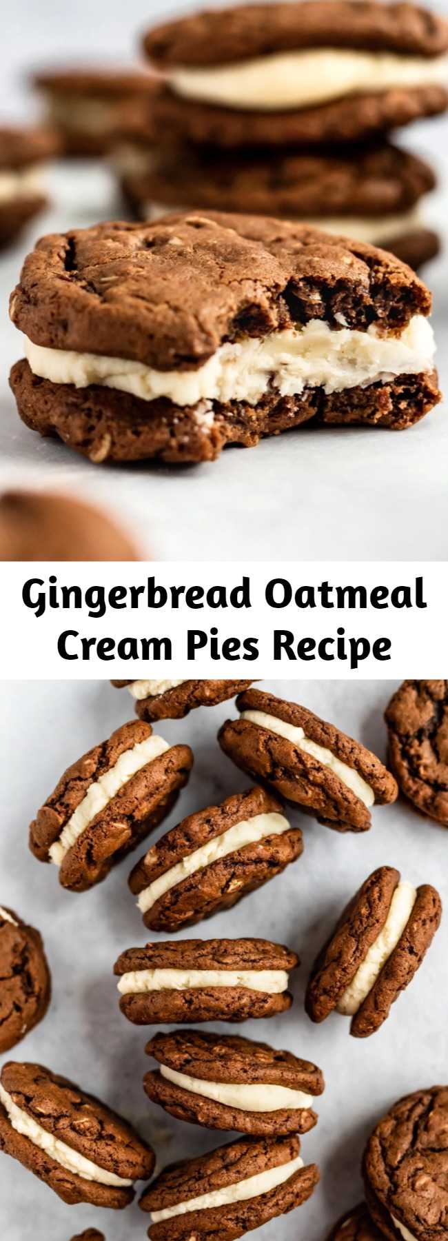 Gingerbread Oatmeal Cream Pies Recipe - Amazing oatmeal cream pies with a gingerbread twist! These perfectly spiced gingerbread oatmeal cookies are sandwiched together with a delicious thick cream filling for the ultimate holiday cookie sandwich. #oatmealcookies #cookies #cookierecipe #baking