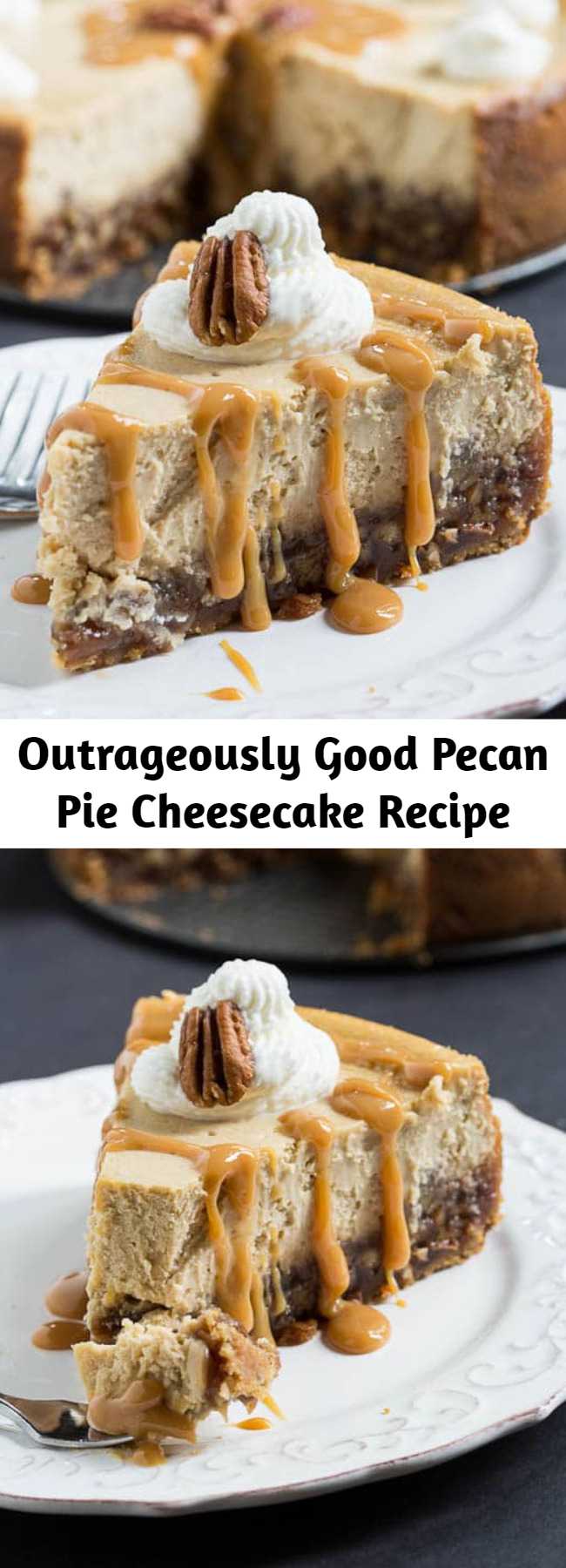 Outrageously Good Pecan Pie Cheesecake Recipe - Cheesecake and Pecan Pie together in one dessert. A truly decadent dessert with a layer of pecan pie in a vanilla wafer crust, topped by a creamy cheesecake. How could anything be better?