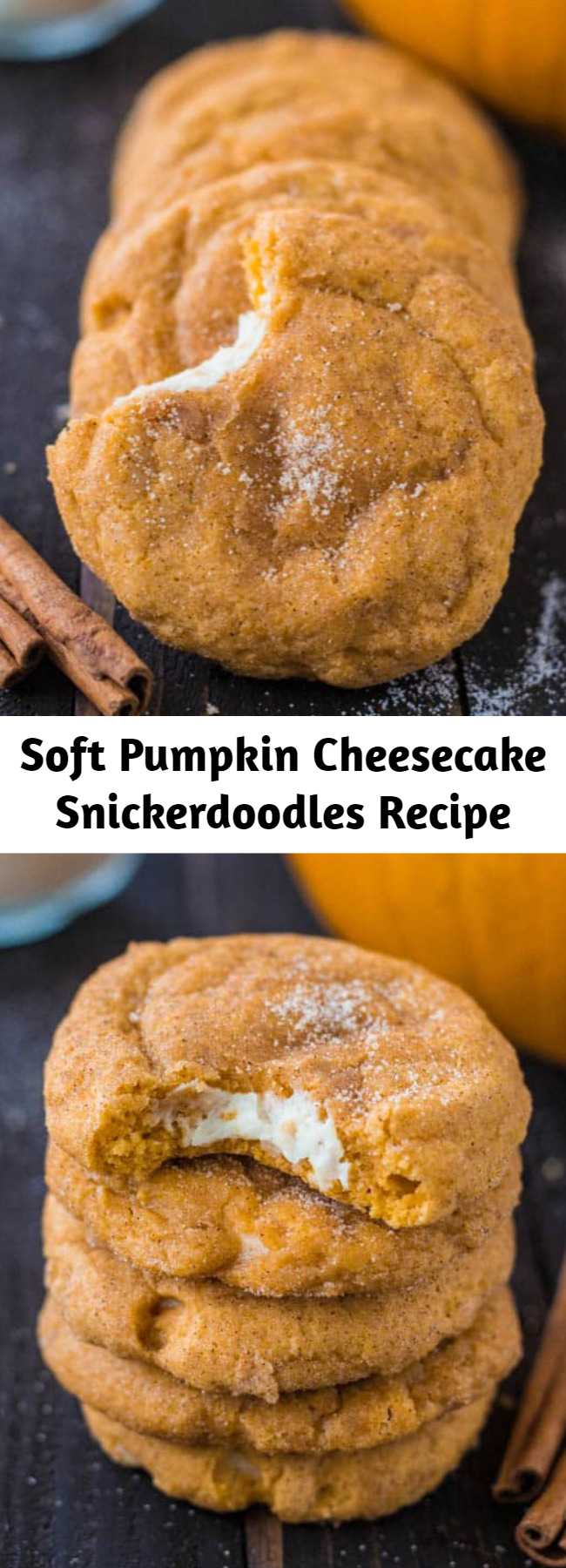 Soft Pumpkin Cheesecake Snickerdoodles Recipe - Delicious soft and puffy pumpkin snickerdoodles with a surprise cream cheese center.