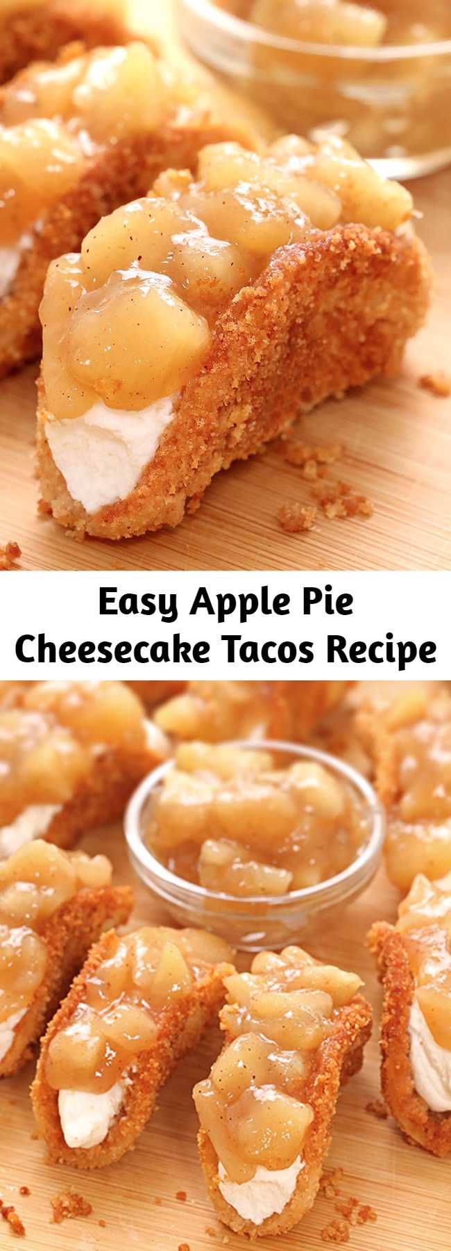 Easy Apple Pie Cheesecake Tacos Recipe - A new fall favorite in your home and they couldn’t be easier. Crunchy baked tortilla shells, easy cheesecake filling and homemade apple pie topping are simply perfect. You’ll be enjoying this awesome dessert in about 30 minutes.