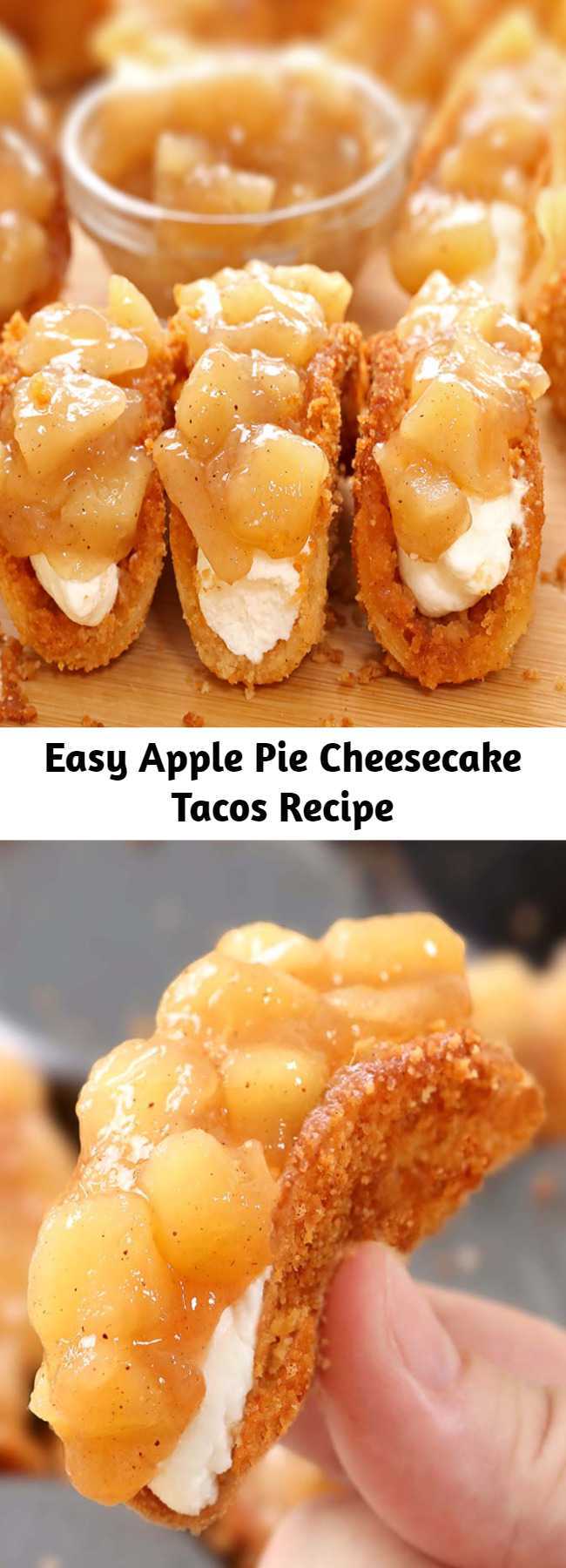 Easy Apple Pie Cheesecake Tacos Recipe - A new fall favorite in your home and they couldn’t be easier. Crunchy baked tortilla shells, easy cheesecake filling and homemade apple pie topping are simply perfect. You’ll be enjoying this awesome dessert in about 30 minutes.