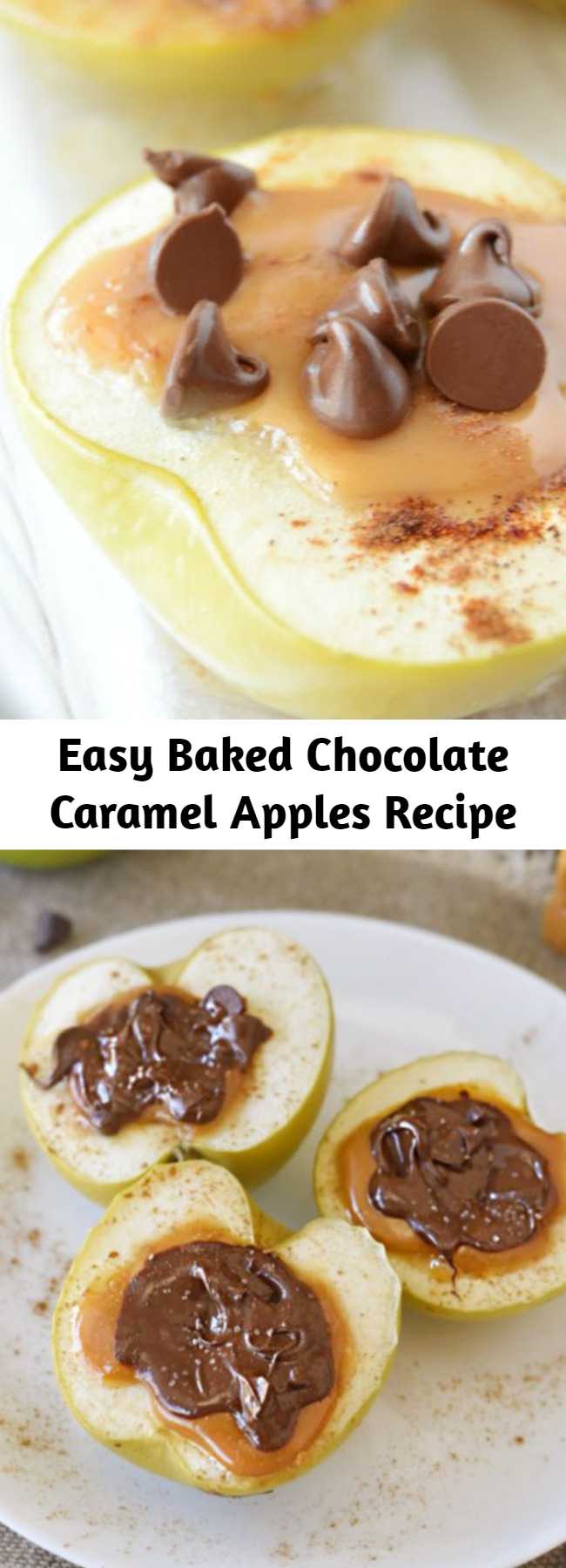 Easy Baked Chocolate Caramel Apples Recipe - Baked Chocolate Caramel Apples are baked apples stuffed with caramel and topped with chocolate and sea salt. An easy fall dessert recipe!