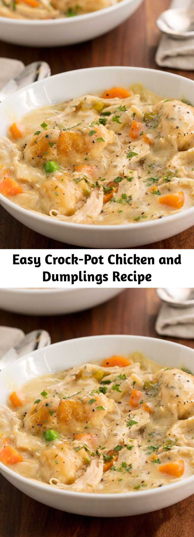 Easy Crock-Pot Chicken and Dumplings Recipe - Is there anything more comforting than chicken & dumplings? Nope! #easy #recipe #crockpot #slowcooker #chicken #dumplings #comfortfood #homemade #withbiscuits #instantpot #southern