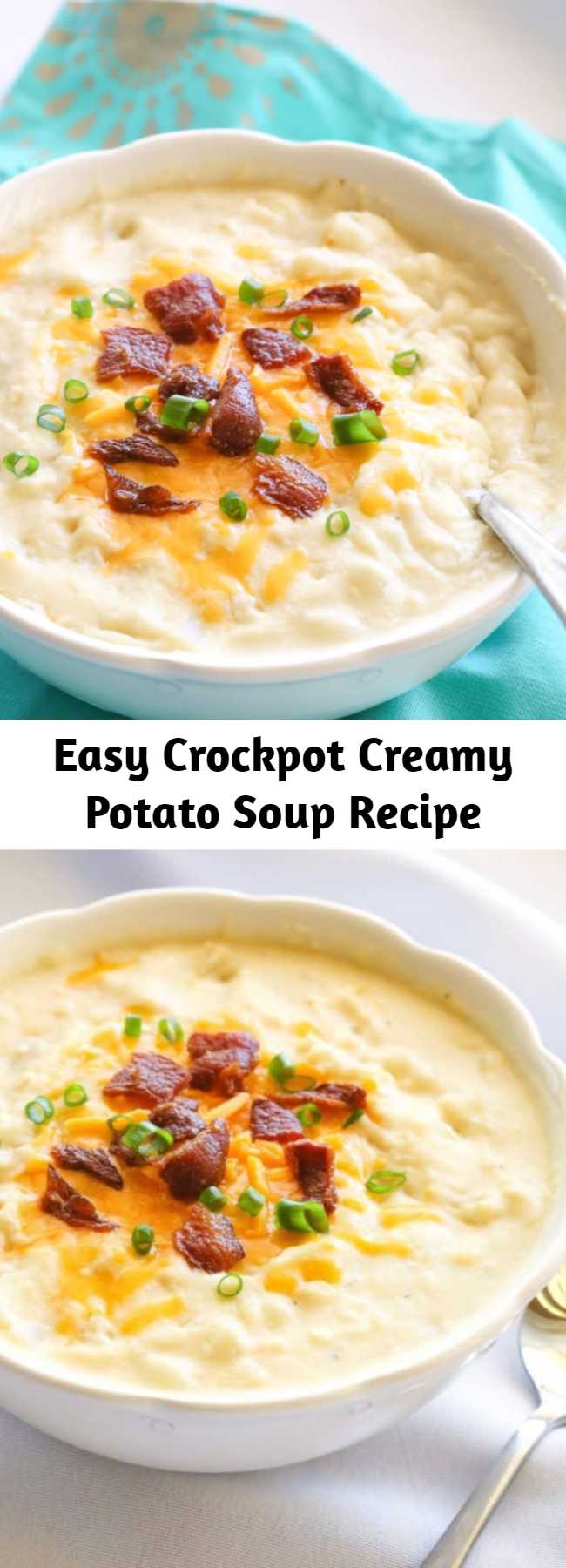 Easy Crockpot Creamy Potato Soup Recipe - This Crockpot Creamy Potato Soup couldn't be any easier. It's cooked all day in the slow cooker and is great for a cold day. Top with bacon, cheese, and green onions for the ultimate potato soup. This soup is versatile – add broccoli or ham to give it a twist. This will become your go-to crockpot potato soup recipe.